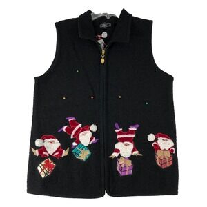 Lisa‎ International Sweater Vest Women's Medium Black Santa Christmas Presents